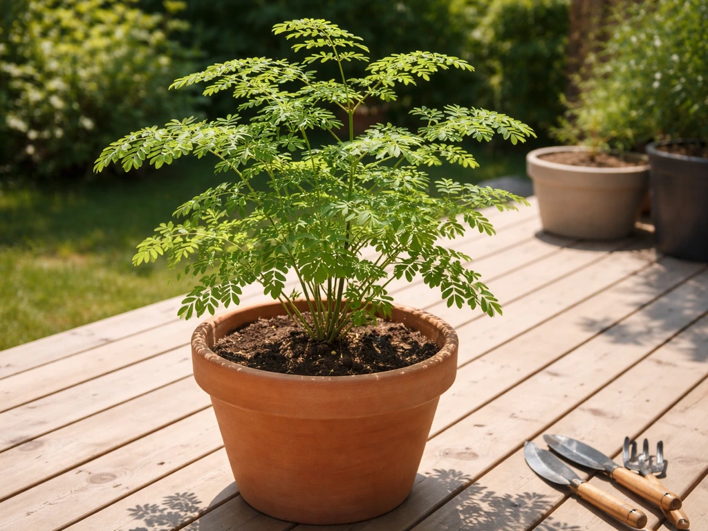Potted moringa plant on a sunny patio in a Canadian-style container garden during summer