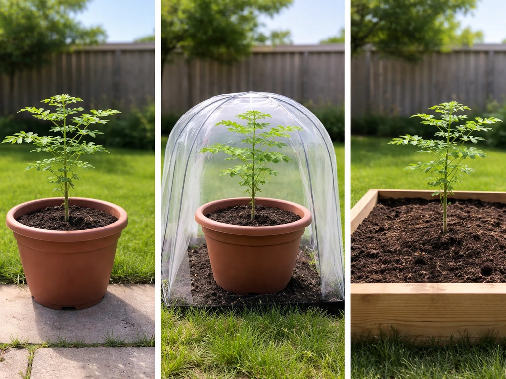 Three setups side-by-side: moringa in a container outdoors, under a clear greenhouse cover, and in a raised bed.