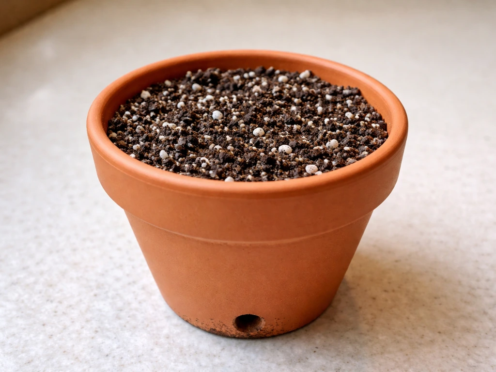 Close-up of a terracotta pot with well-draining soil mixed with perlite and a visible drainage hole.