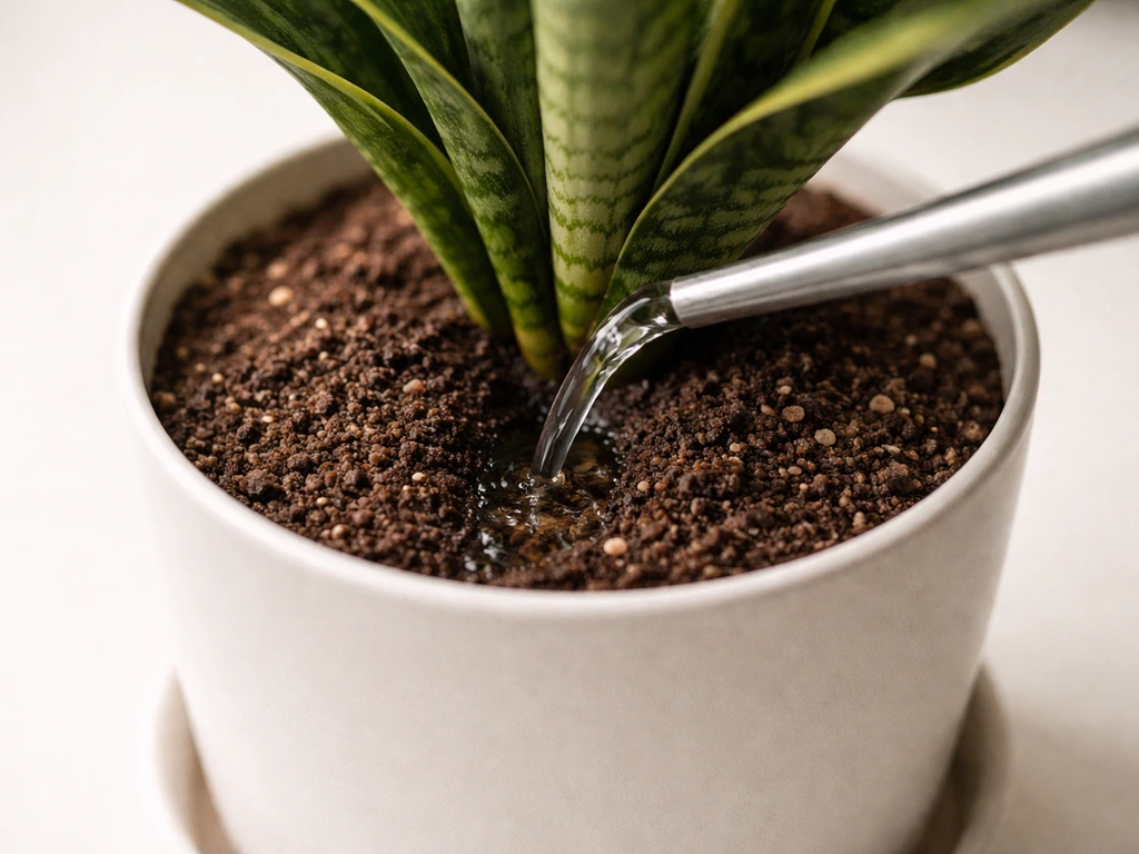 Close-up of a potted indoor plant as water is poured into soil, no puddling on the surface