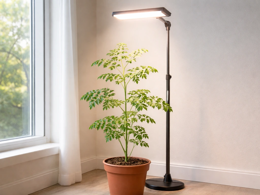 Moringa in a pot by a sunny window with an LED grow light raised above it indoors.