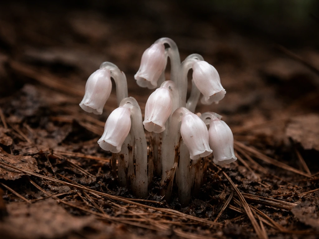 White ghost pipe stems emerging from leaf litter in a quiet woodland floor in Ohio-like conditions.