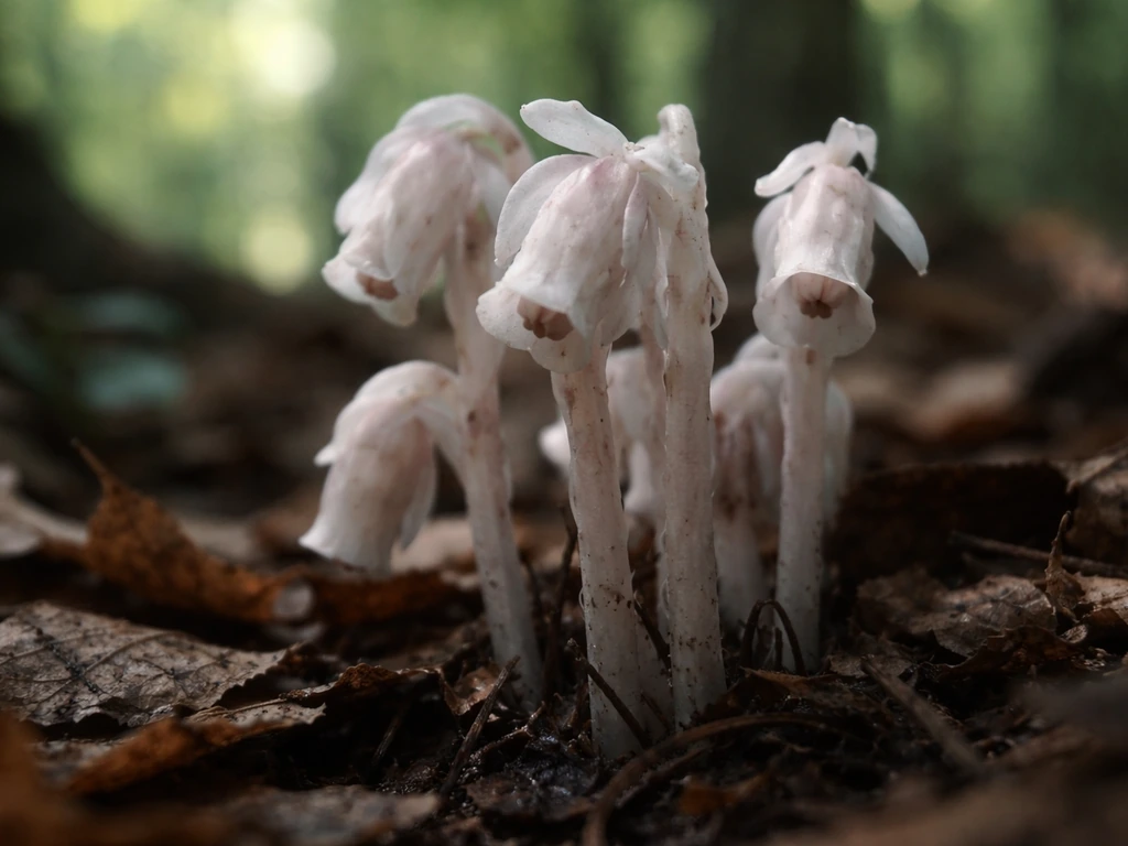Pale white to pink ghost pipe flowers emerging from leaf litter in a shaded forest.