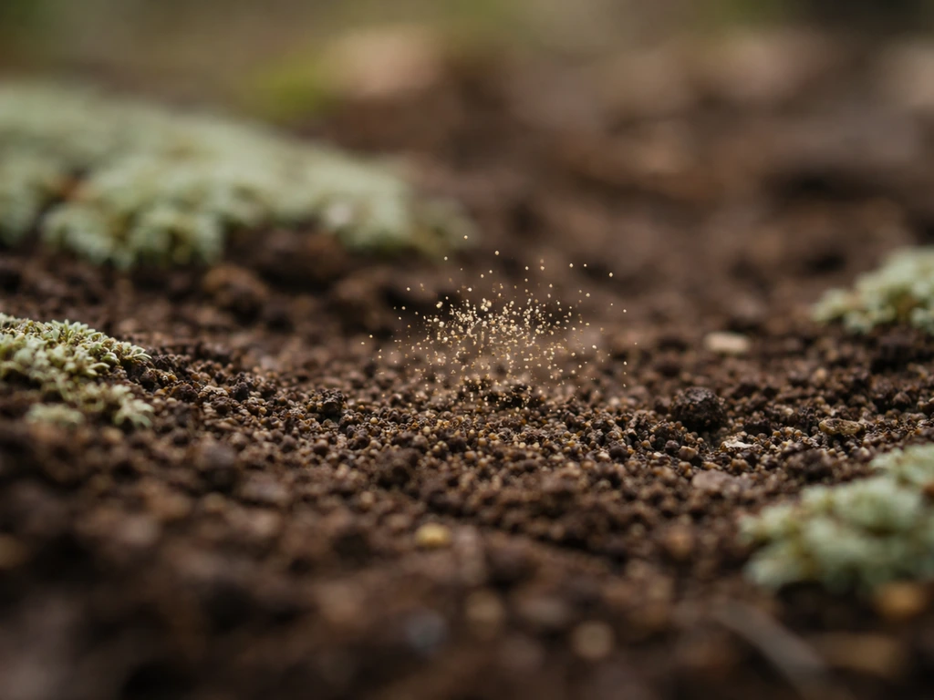 Macro view of dust-like seed specks beside empty forest soil and lichen, highlighting ghost pipe’s difficulty to grow.