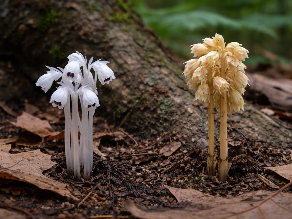 Close-up side-by-side ghost pipe and pinesap plants emerging from Ohio forest leaf litter.