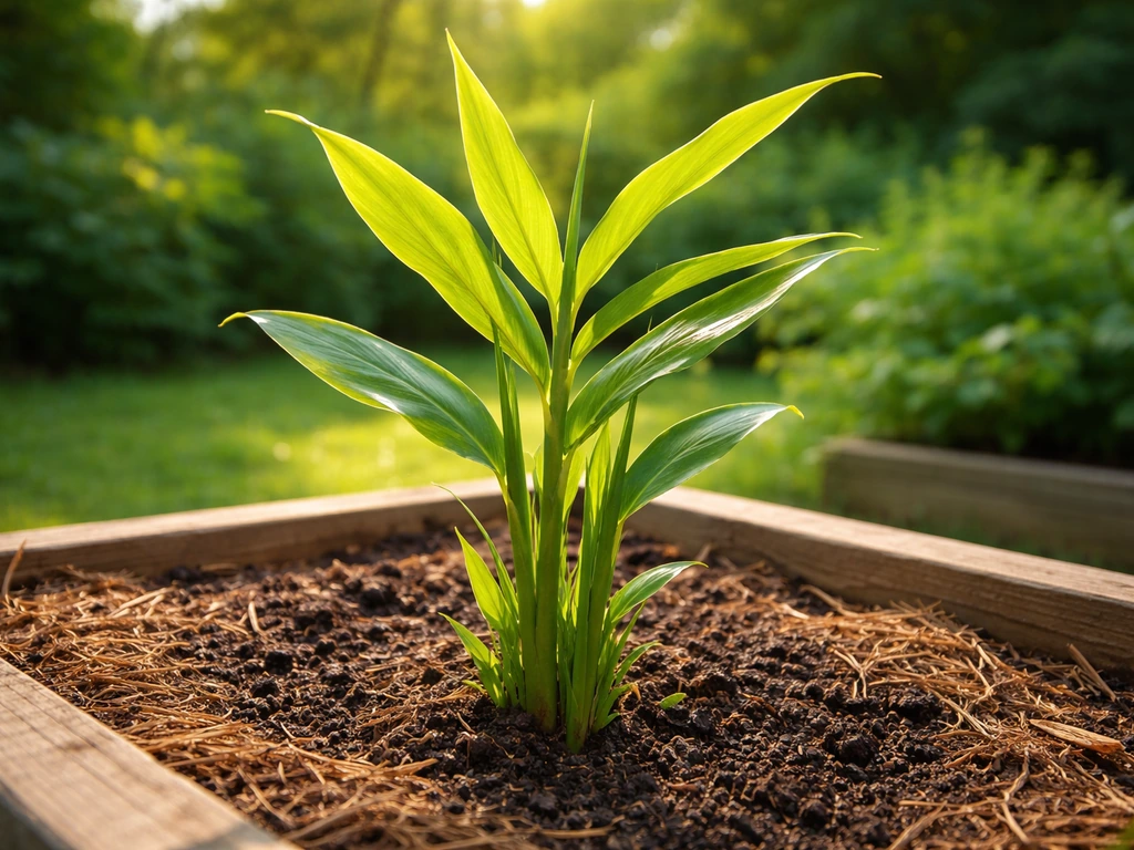 Lush ginger shoots emerging from warm, well-drained soil in a sunlit raised garden bed.
