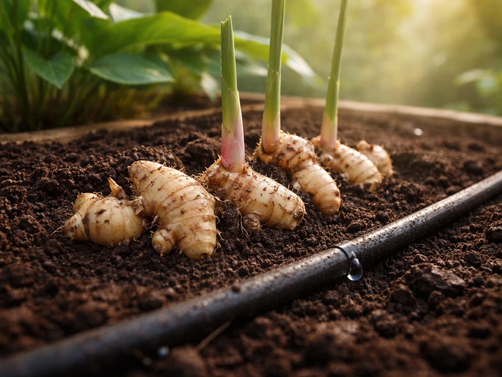 Fresh ginger rhizomes in moist soil with warm, humid garden light and simple irrigation nearby.