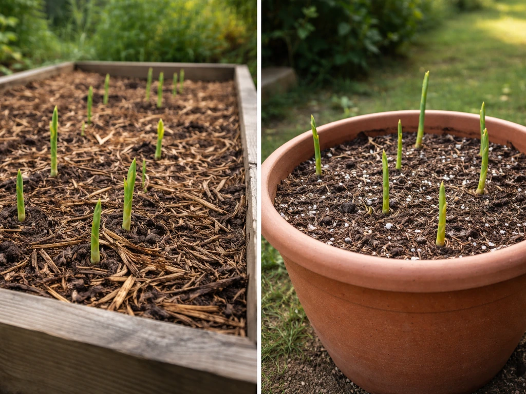 Two ginger growing setups in North Carolina: one in a mulched raised bed, one in a drained container.