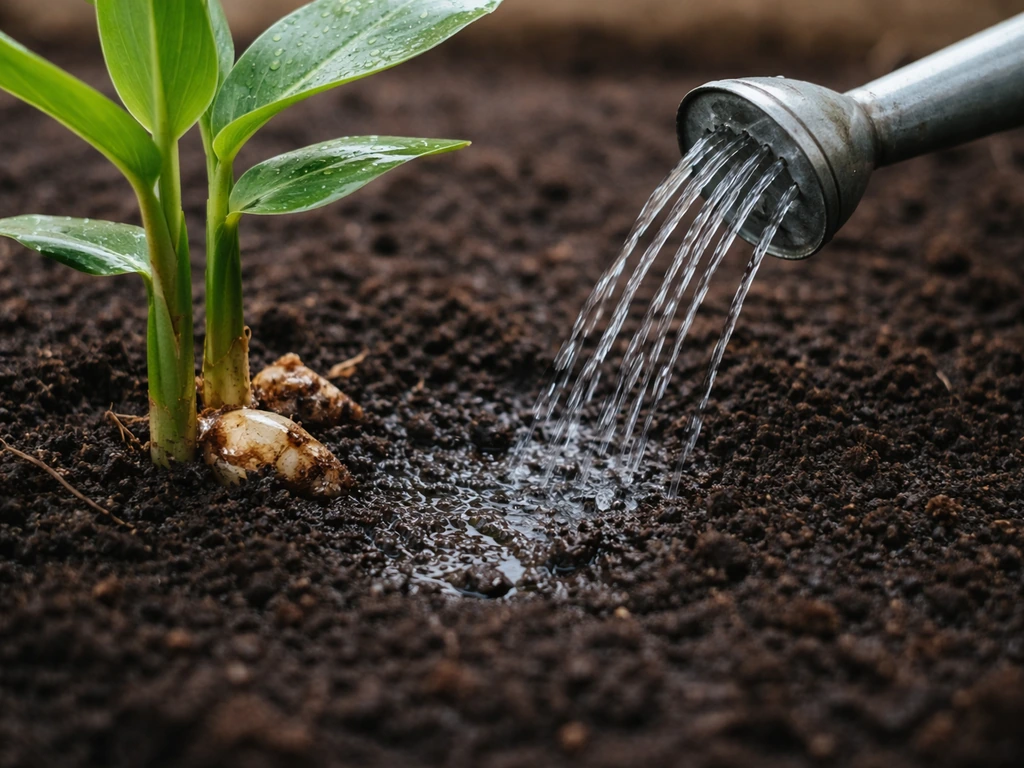 A watering can gently waters ginger plants in a small garden bed, soil moist but not waterlogged.