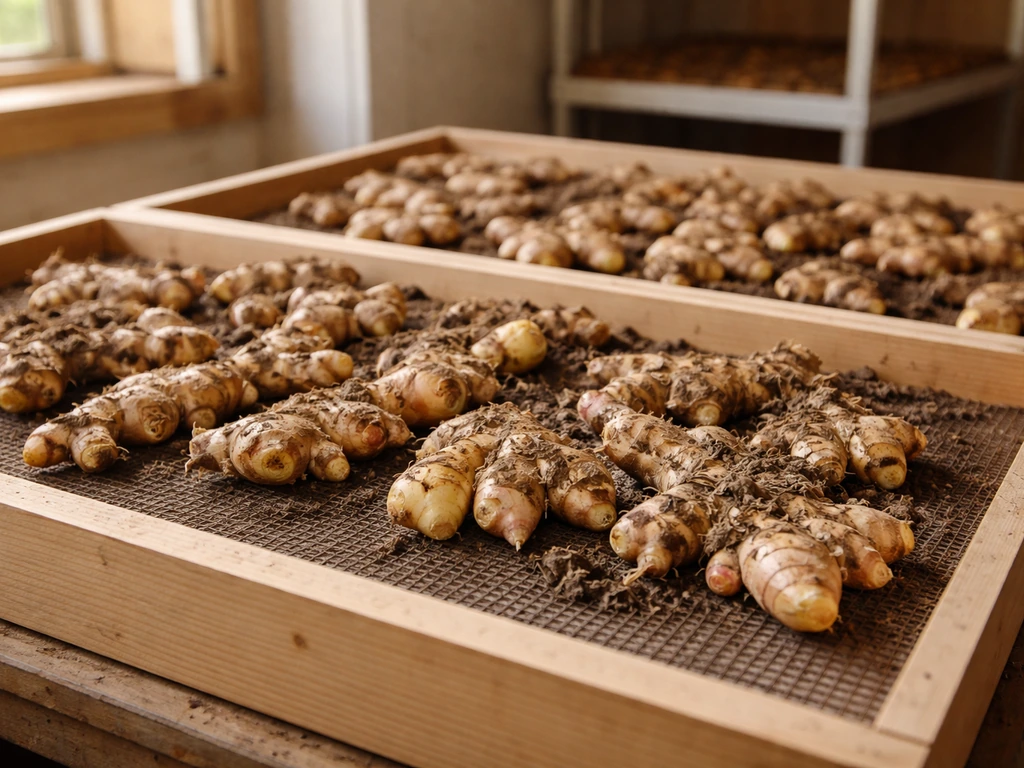 Freshly dug ginger rhizomes with cut foliage resting on trays, curing in a warm, dry airy room.