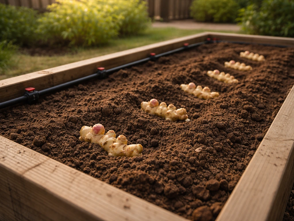 Fresh ginger rhizomes newly planted in moist loamy soil on raised beds with a nearby drip line.