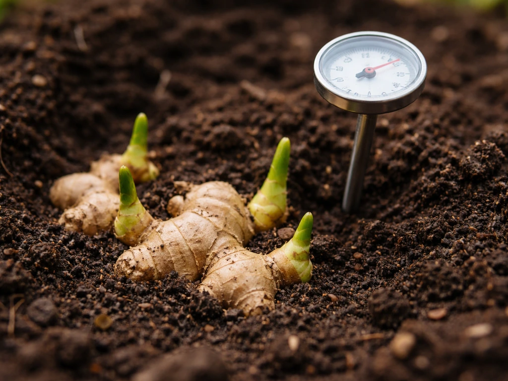 Closeup of ginger rhizomes sprouting in warm, moist soil beside a soil thermometer probe.