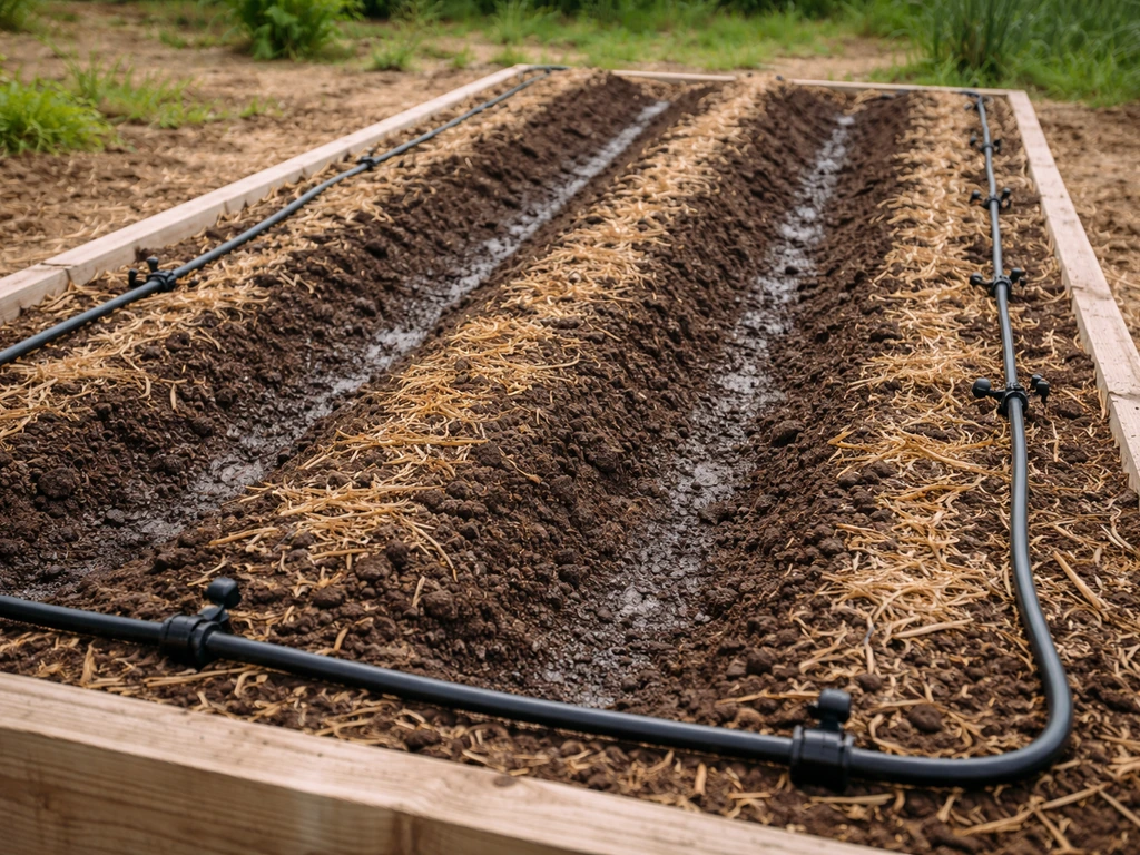 Raised ginger bed with compost mulch, drip lines, and moist furrows showing careful soil preparation.