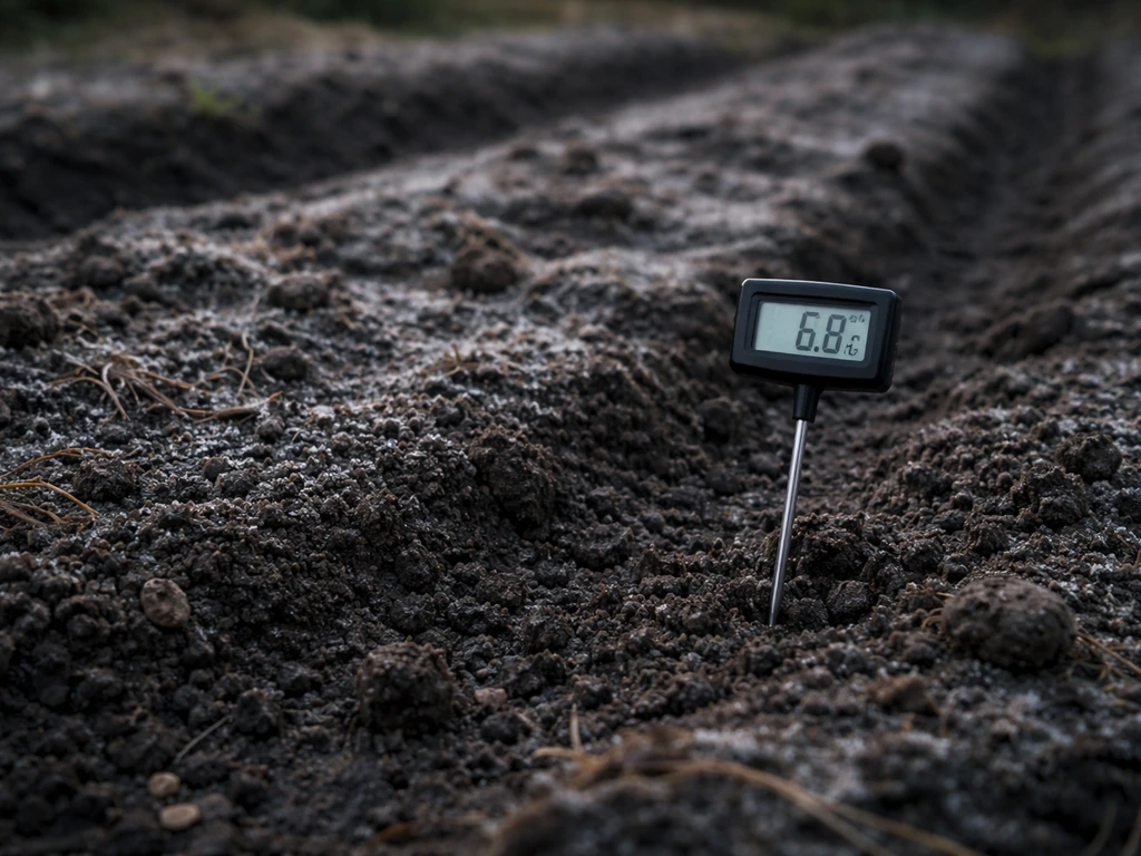 Cold, damp garden soil with a soil thermometer showing under 20°C, no sprouts yet.