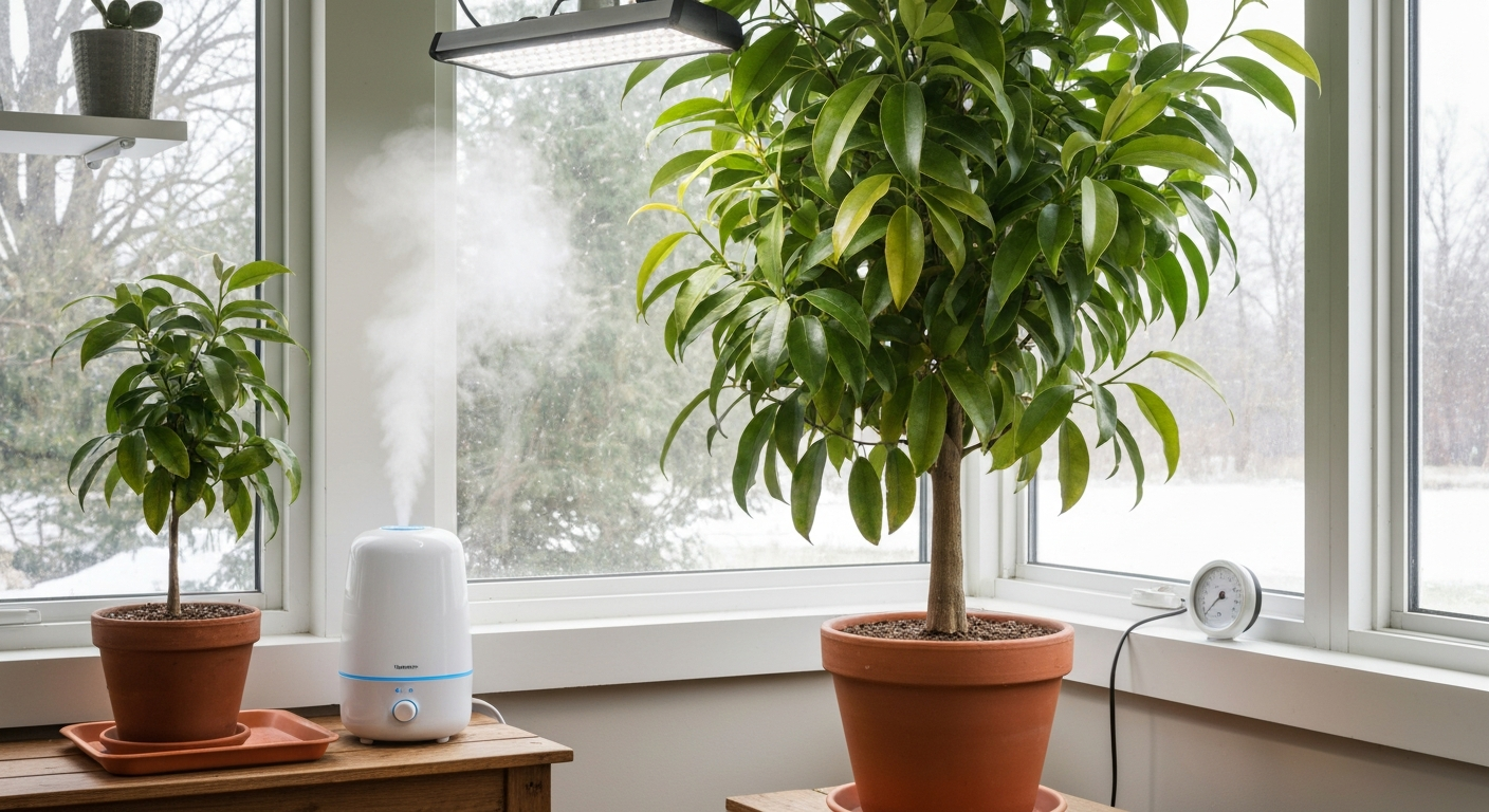 Potted Cinnamomum verum (true cinnamon) in a bright Canadian sunroom with grow light and humidifier.