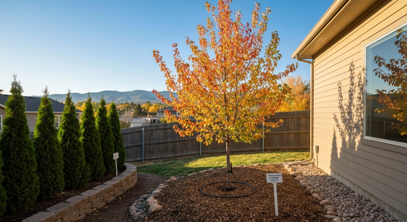 Sassafras tree in a sheltered Colorado backyard with drip irrigation, mulch, and fall color.