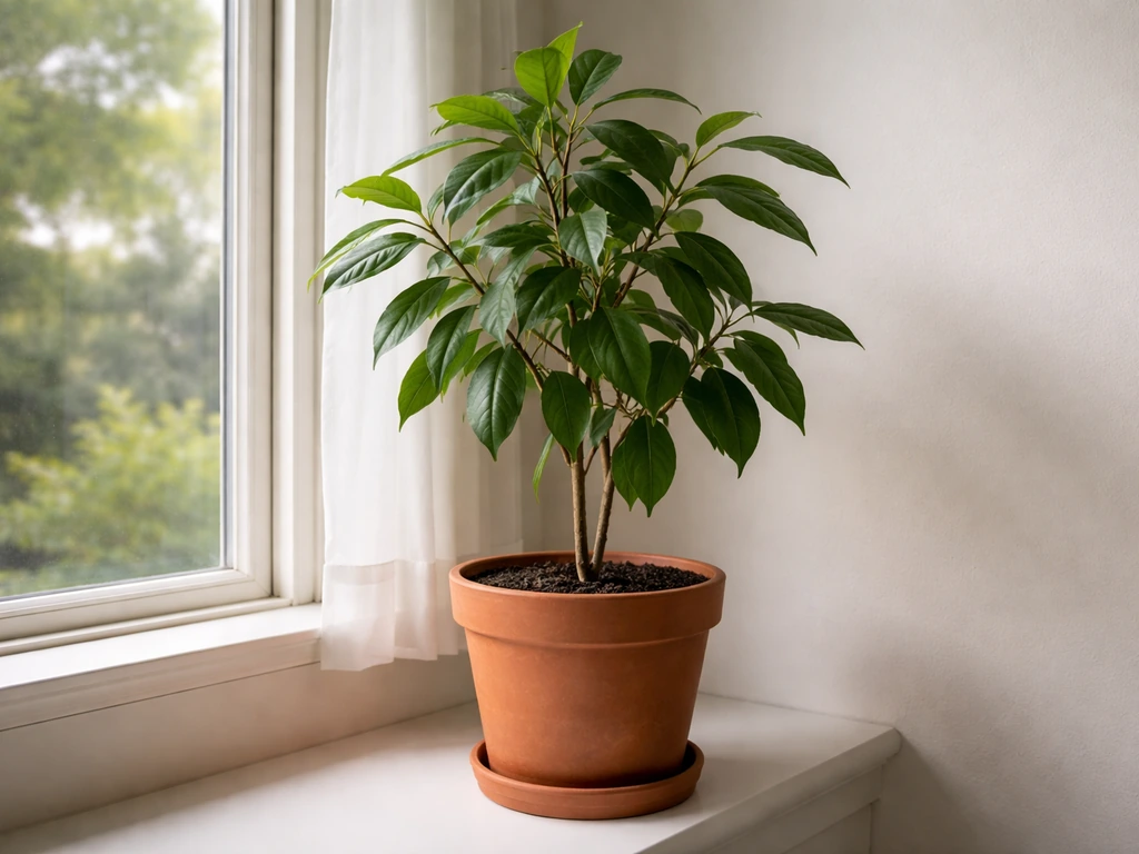 Potted cinnamon tree with lush leaves by an indoor window in soft daylight