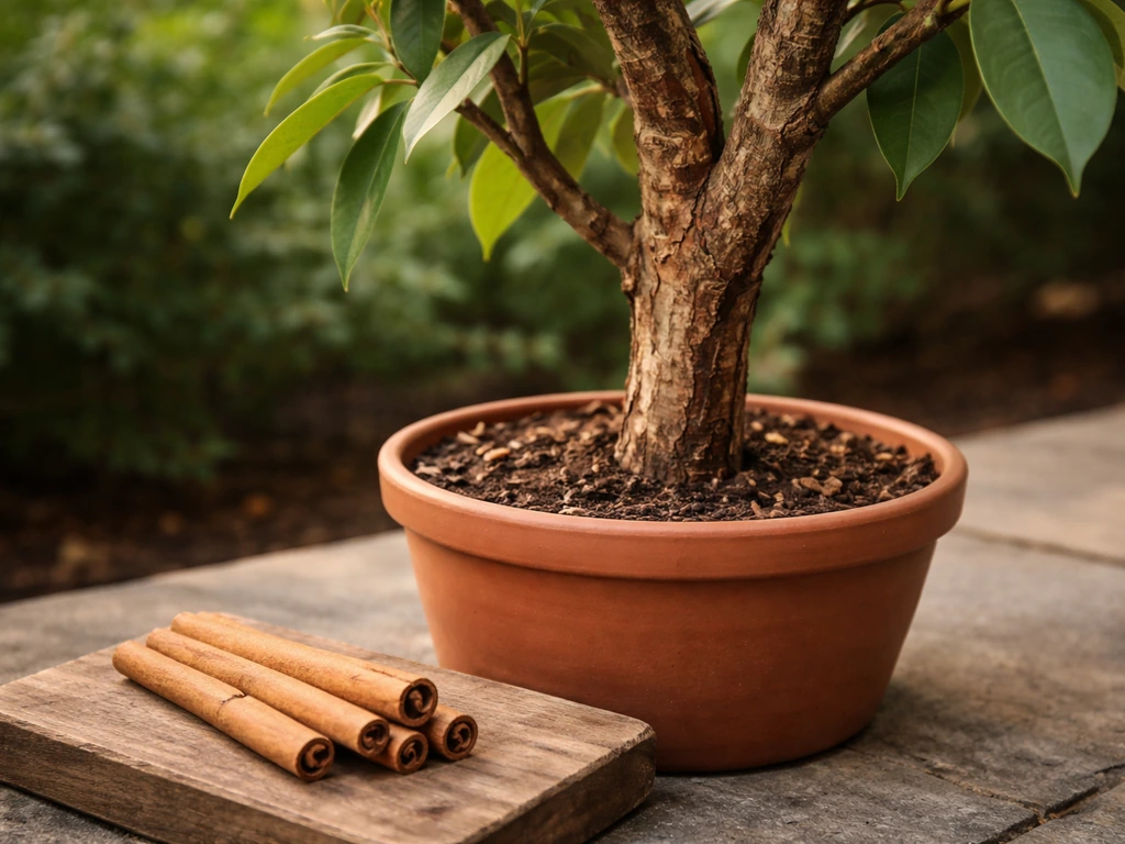 Cinnamomum tree in a pot with visible bark texture and a few cinnamon sticks on a wooden surface.