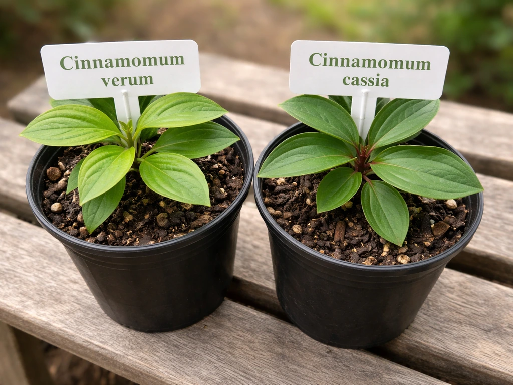Close-up of two cinnamon containers with plant tag detail showing true cinnamon vs cassia labels