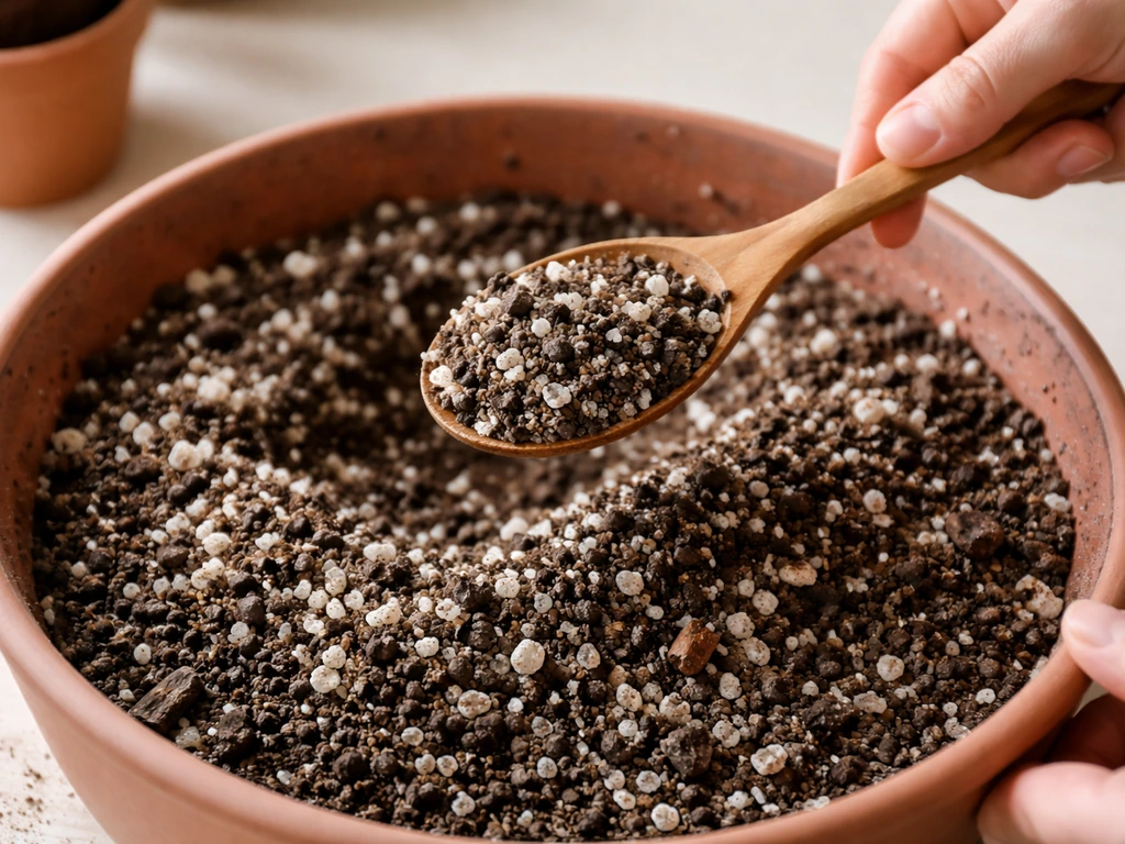 Close-up of potting mix and perlite being mixed and spooned into a small plant pot for drainage.