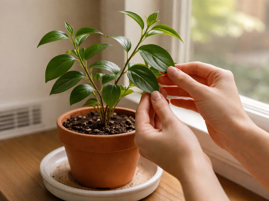 Potted cinnamon plant indoors near a window with HVAC vent, showing warm, frost-free overwintering setup.